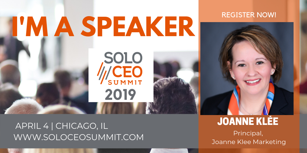 Joanne-Klee motivational marketing speaker at solo ceo summit April 4 Chicago IL