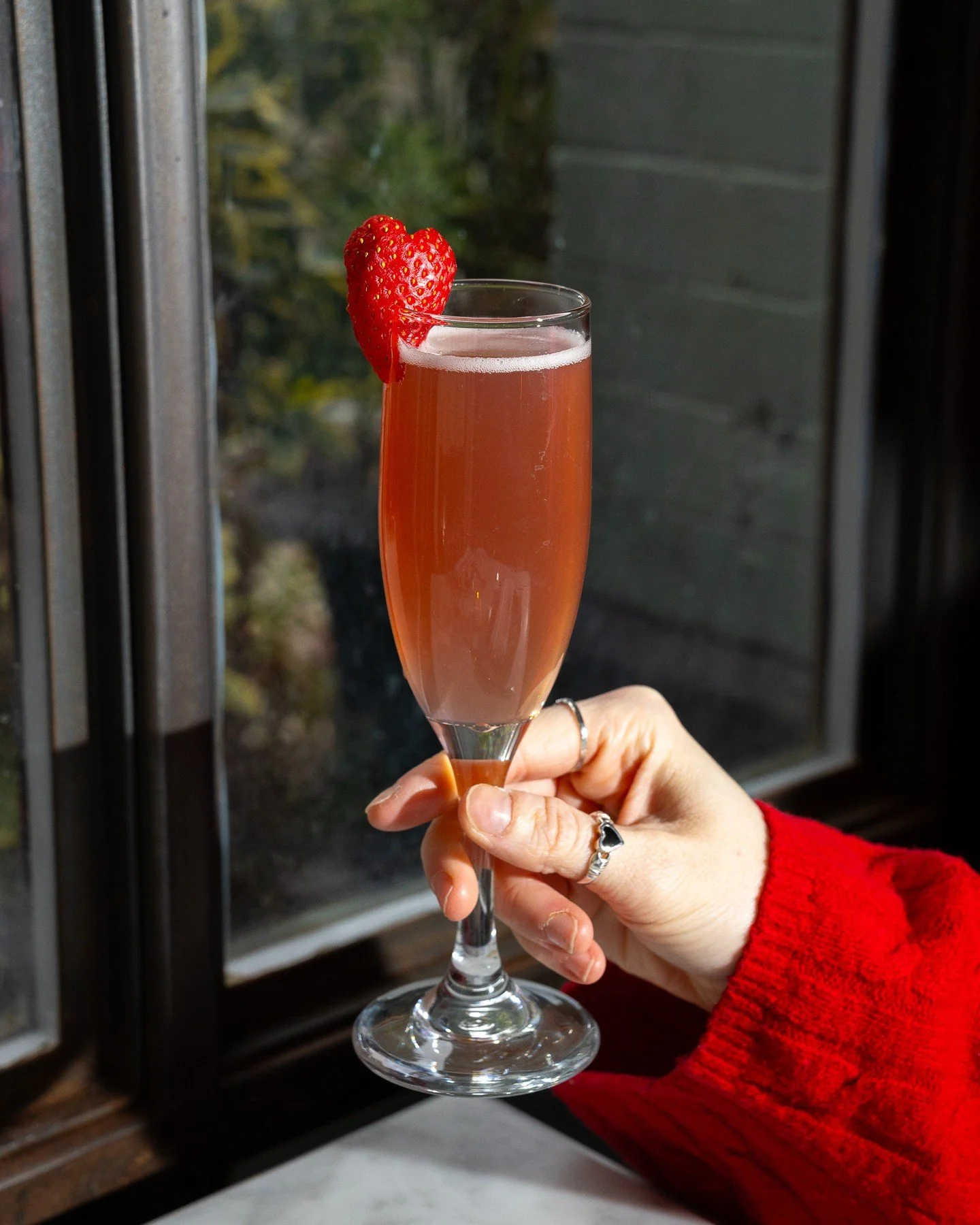 Love at first sip: The Tell Tale Heart 🥂 &mdash; a Valentine&rsquo;s Day special with gin, cr&egrave;me de m&ucirc;re, elderflower, pomegranate, and cherry, topped with Prosecco.