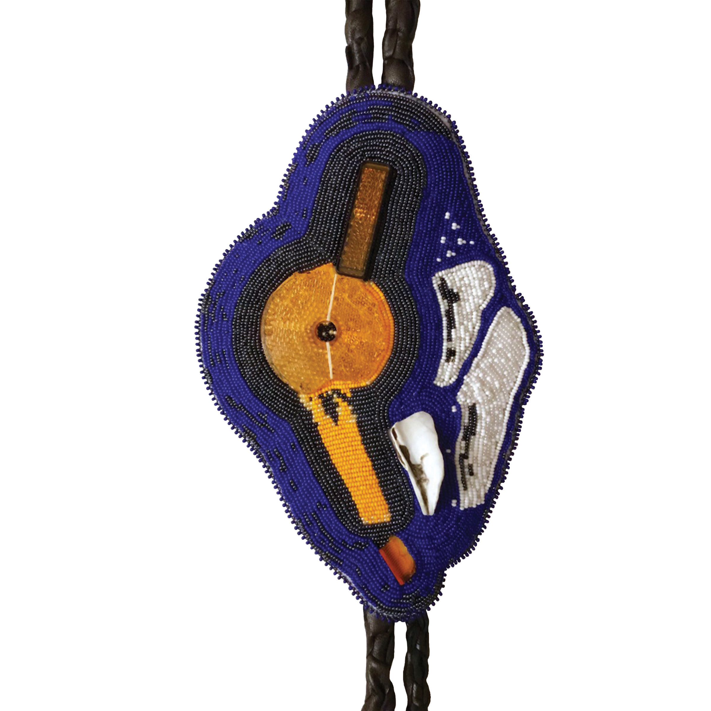 Natani Notah, When Saturn Cracks, White Tears Will Follow, Bolo (4/7), from Seven Generations of Bolo Ties (a series), 2018, leather, glass seed beads, found shell, bicycle reflectors, brake light fragment, and thread, 5'7" tall