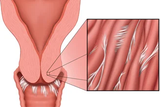 cervical scarring can be hidden within the tissue and only felt with a finger as "hard"