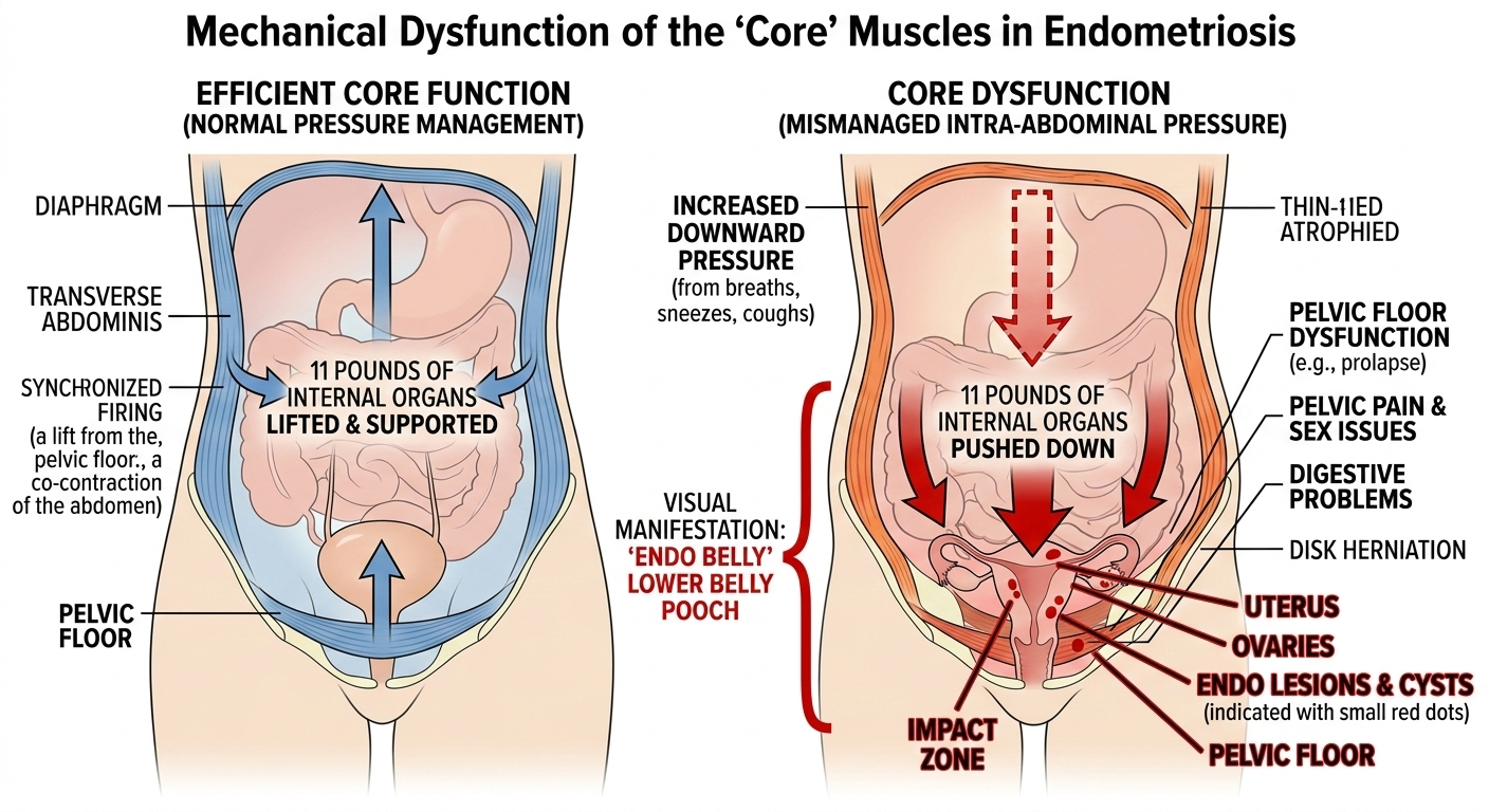 The left side shows efficient core function with organs lifted and supported by the diaphragm, transverse abdominis, and pelvic floor.
