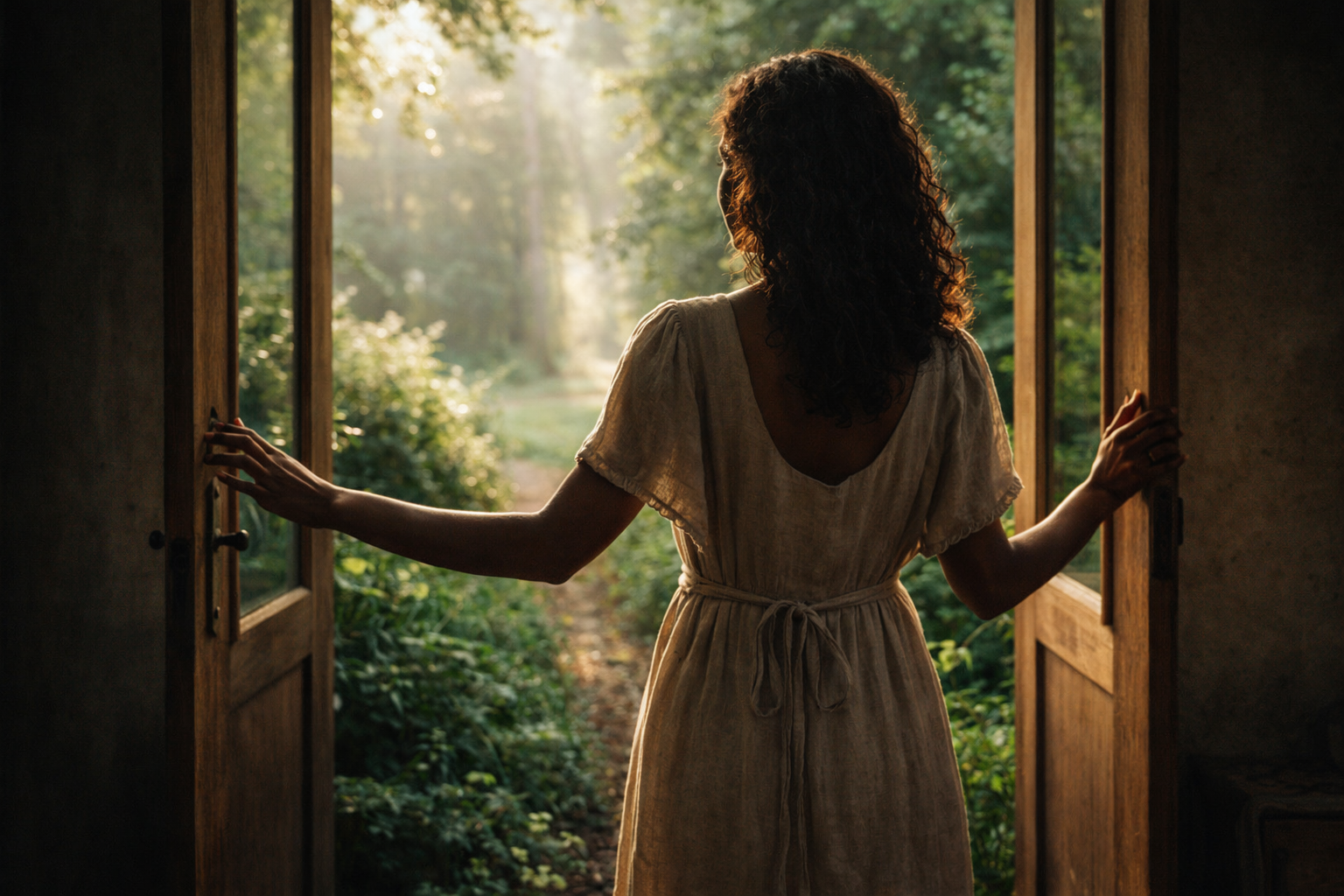 A doorway opens to greenery as a woman steps into light—an image of liminal space, recovery, and finding peace in the in-between.