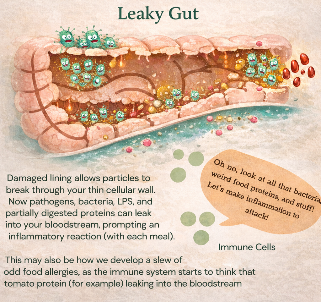 An educational illustration showing a cross-section of a damaged gut lining with pathogens and food proteins leaking into the bloodstream, triggering an immune cell attack.