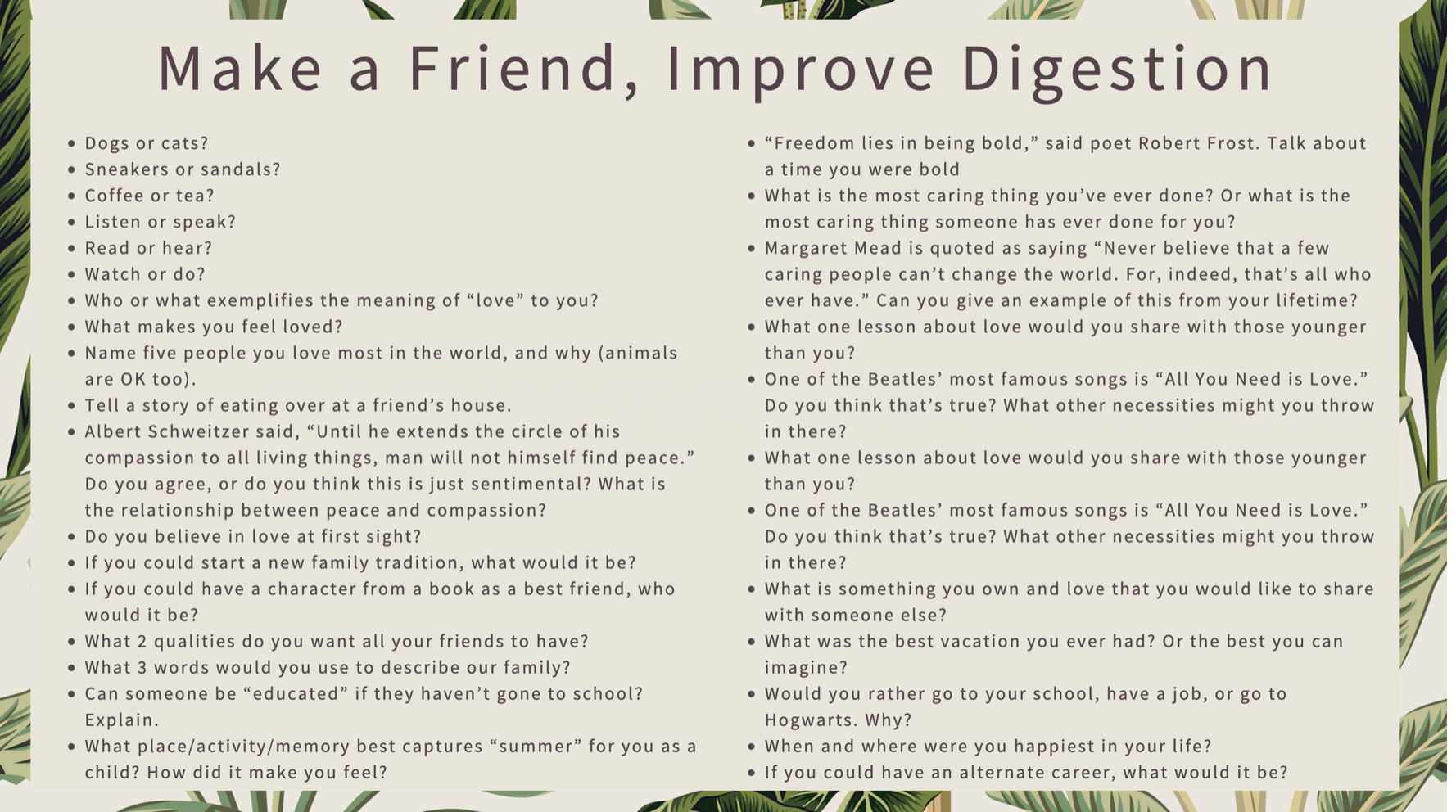 A list of social connection prompts titled 'Make a Friend, Improve Digestion' designed to help activate the Vagus nerve and parasympathetic nervous system for better endo belly management.