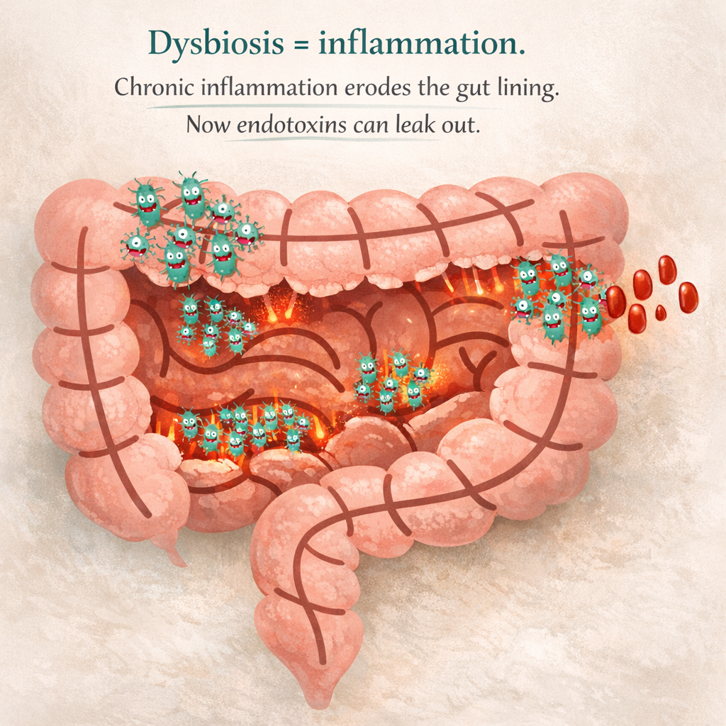 A medical illustration of the human digestive tract showing gut dysbiosis leading to a compromised lining where endotoxins from bacteria are leaking out into the system.
