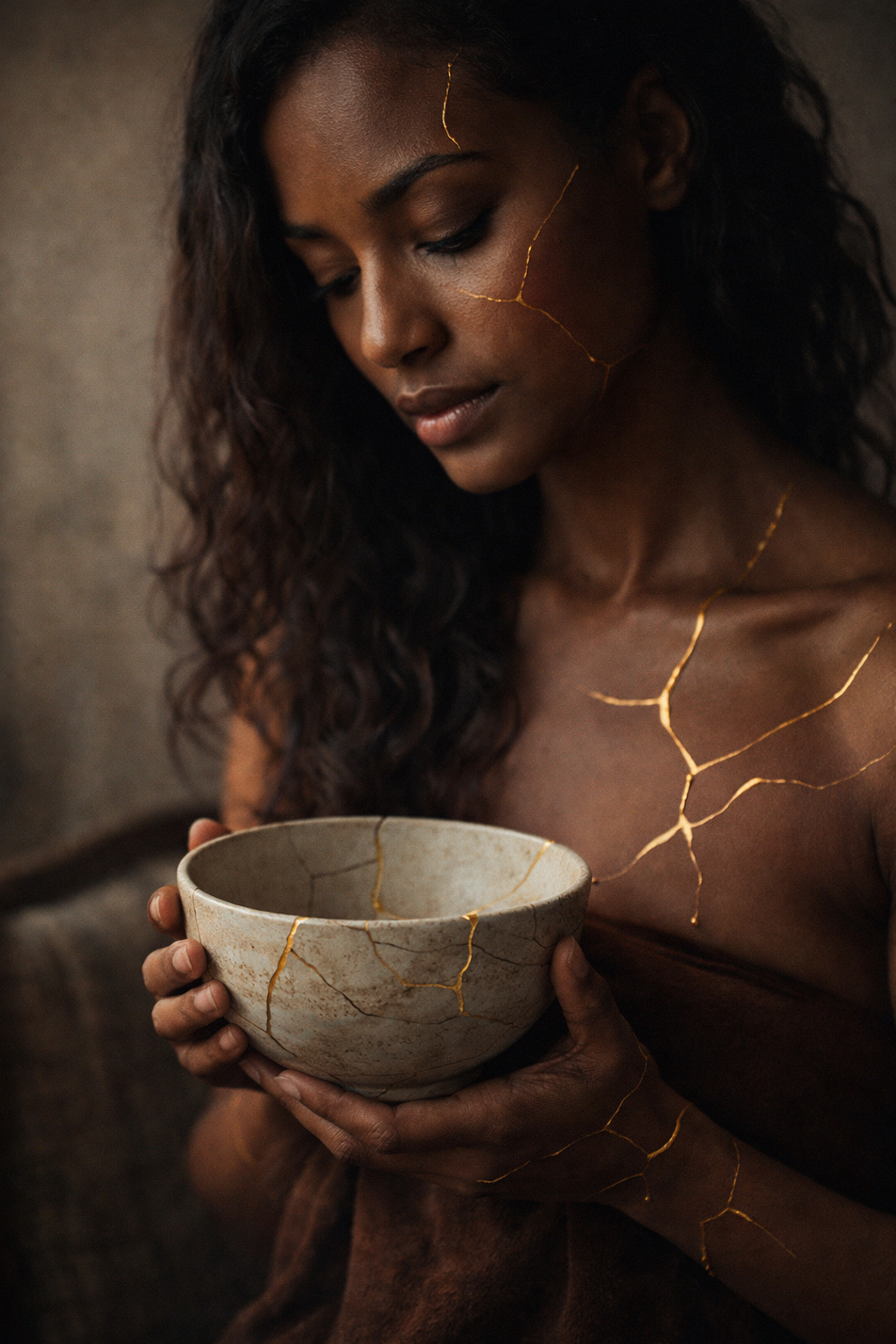 A kintsugi-inspired image symbolizing liminal space, chronic illness, and healing—where brokenness, resilience, and genuine newness quietly coexist.