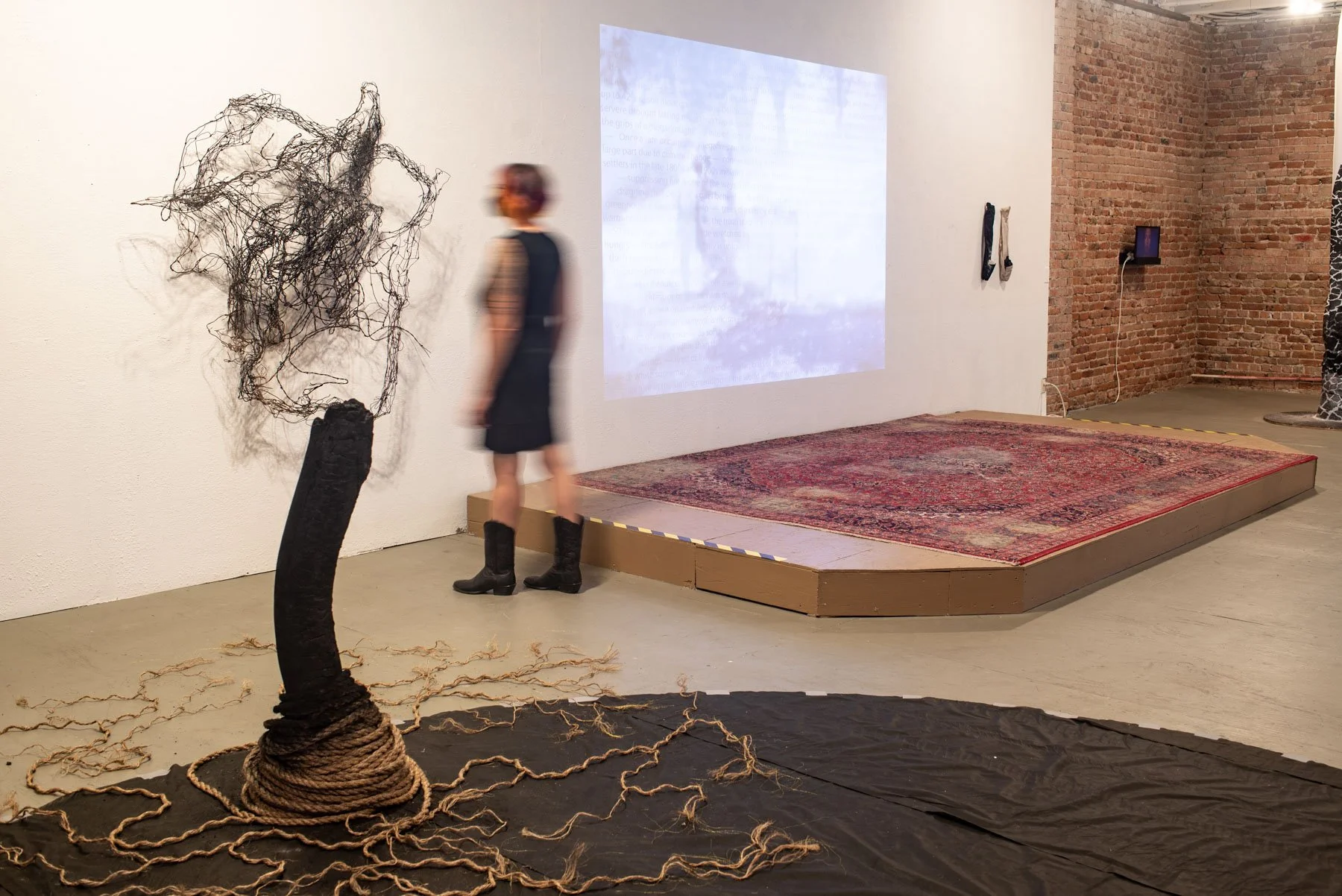As Soft as Ashes installation view. From left to right: in the unraveling; burn your fences; tired of living among ashes