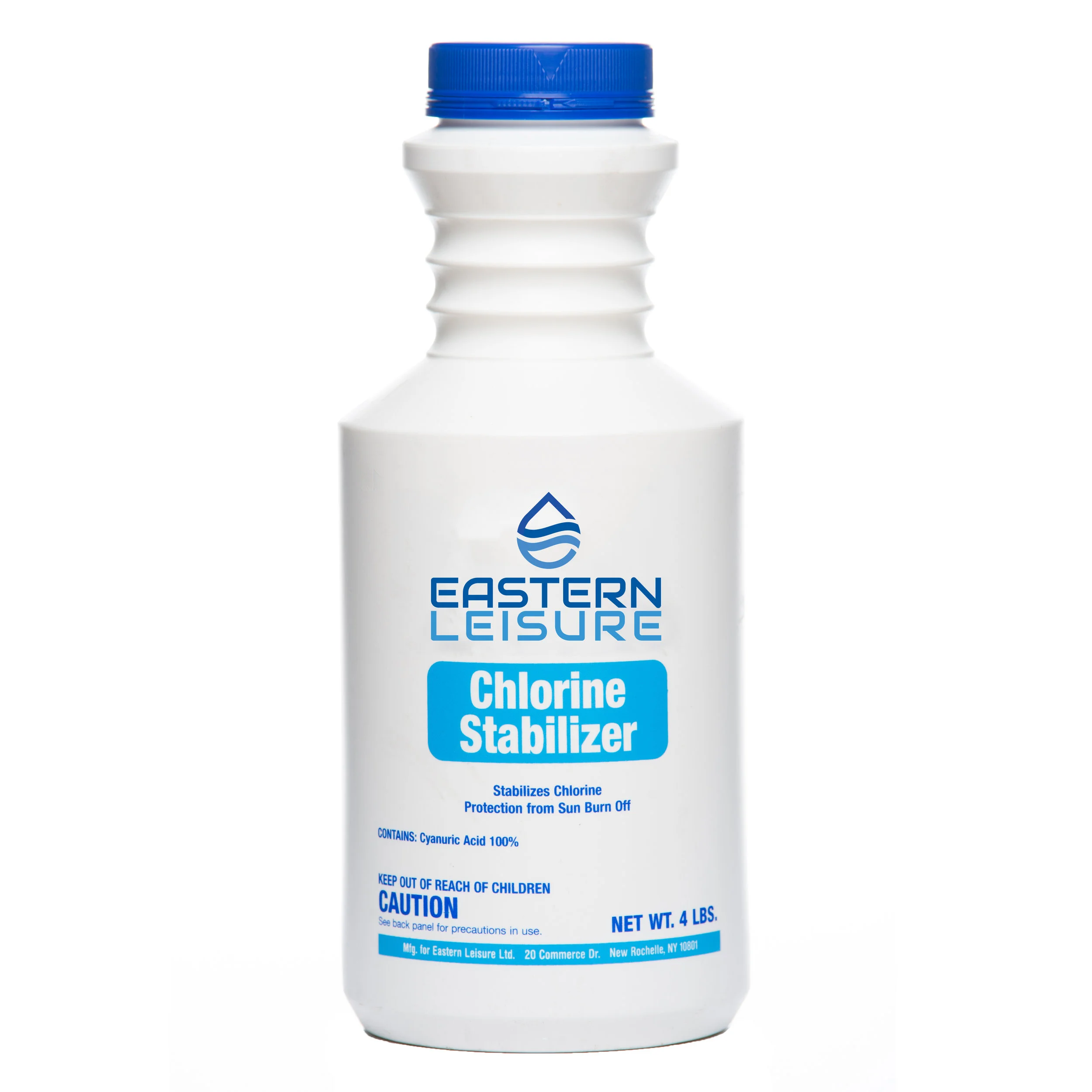 Chlorine Stabilizer EL1702 - 2 lb. container, 12/case EL1704 - 4 lb. container, 6/case EL1725 - 25 lb. container EL1745 - 45 lb. container A 100% cyanuric acid based product that reduces chlorine loss due to sun exposure. Not for use in NY state commercial pools . Dosage: 1lb. per 4,000 gal.