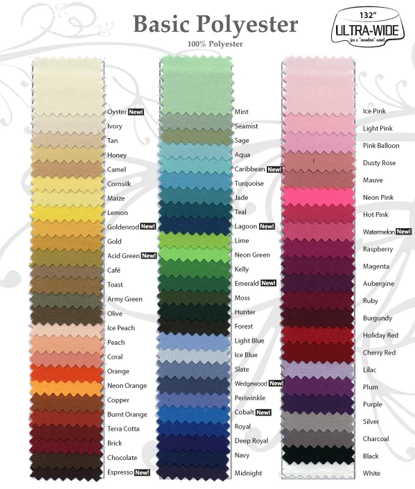 All the colors above are available to be ordered for you special event.  Let us know which color you prefer for your event.  Orders may take up to three weeks to arrive, for this reason we require notice for specialty linens at least one m…