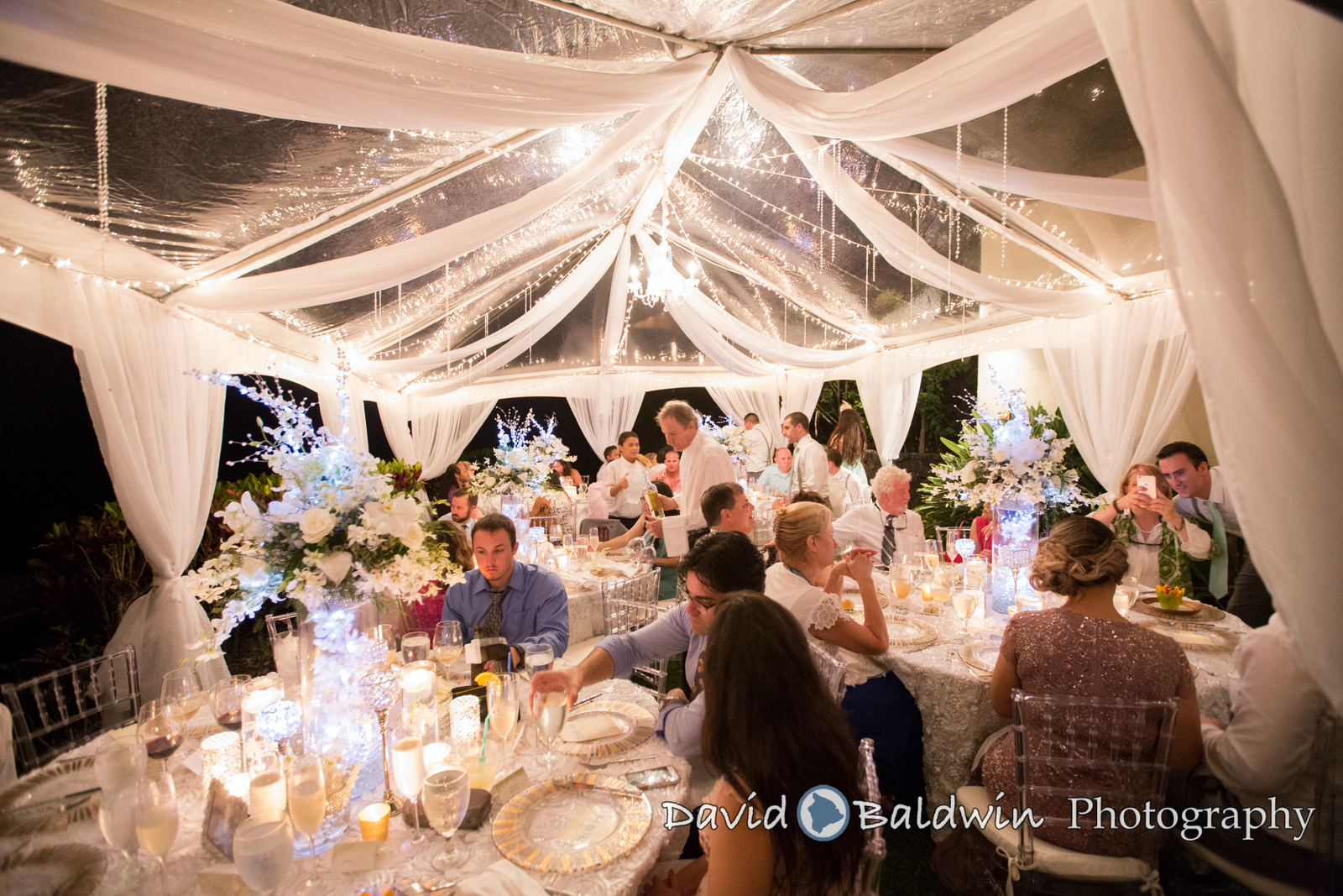 Clear Chiavari chairs with ivory cushions with 20' wide clear tent, sheer fabric leg drapes, twinkle lighting, chandelier and 66" round tables for wedding at Hale Wailele in Keauhou. Event Outrageous Gourmet | Photo David Baldwin Photography