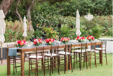 Farm Tables with long legs to make "pub tables", paired with Dark Wood Barstool Chiavari Chairs. Photo Sea Light Studios | Design Bliss in Bloom
