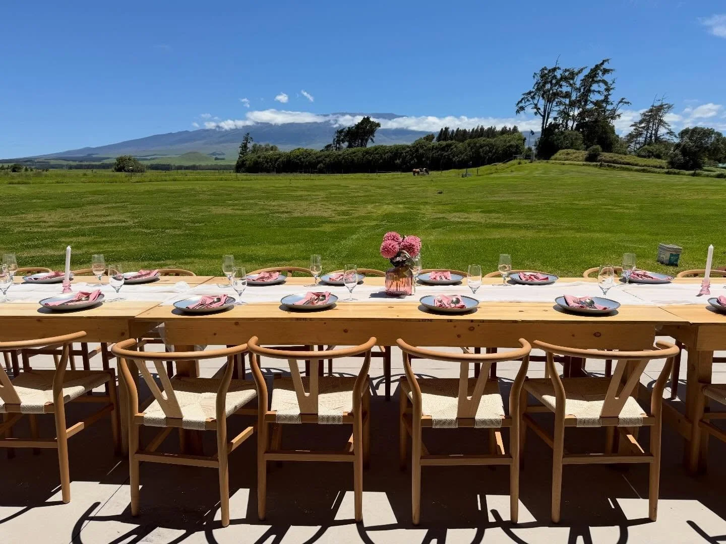 Happy Easter 🐇🐣. Easter luncheon at a private home in Waimea. Blues Skys, mountain views, green grass, good food with family and friends. 

Featuring our:
Natural wood farm tables
Natural wishbone chairs
Sheer table runners
Grey gold rim dinner and