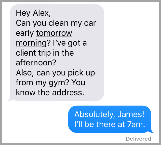 Typical car cleaning request I get from a client, via text message