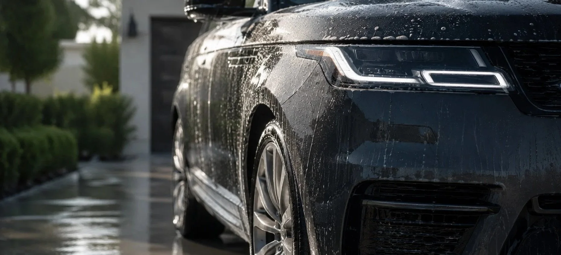 Black SUV parked in a residential driveway after a wash, with water droplets visible on the paintwork.