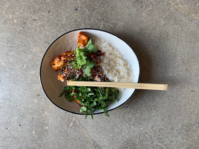 Deep fried Tofu, with a sticky plum sauce and Jasmin rice