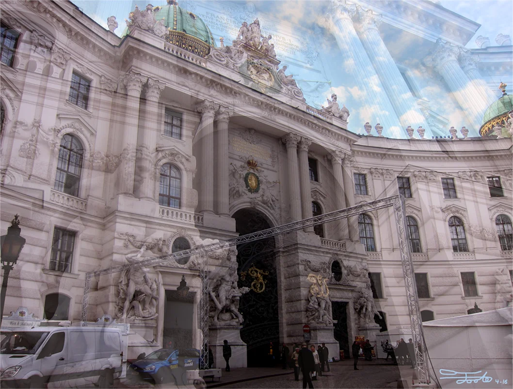 "Winter at the Palace." - Photo Overlay. 2016. Vienna. "Winter preparations for the Hofburg Palace have begun in November, as seen by the scaffolding. The eastern entrance to the palace is contrasted by both the interior meeting the sky as well as the modern vehicles and equipment preparing the palace for Christmas." 
