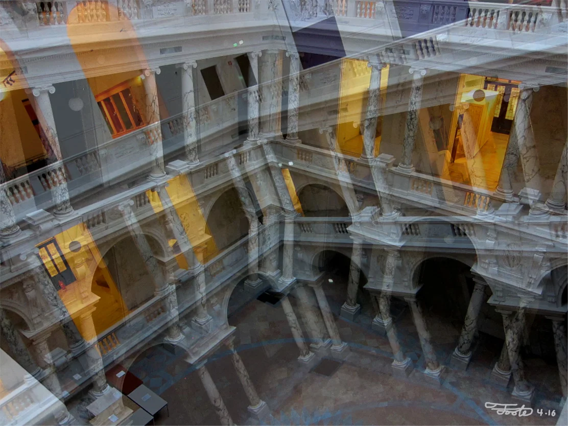 "Neue Burg." -Photo Overlay. 2016. Vienna. "Neue Burg means "New Palace" and this is an overlay of the inner courtyard's arches and lighting. The Habsburg's last palace is now home to museums that feature weaponry, armor, ancient Greek artifacts and musicial instruments."