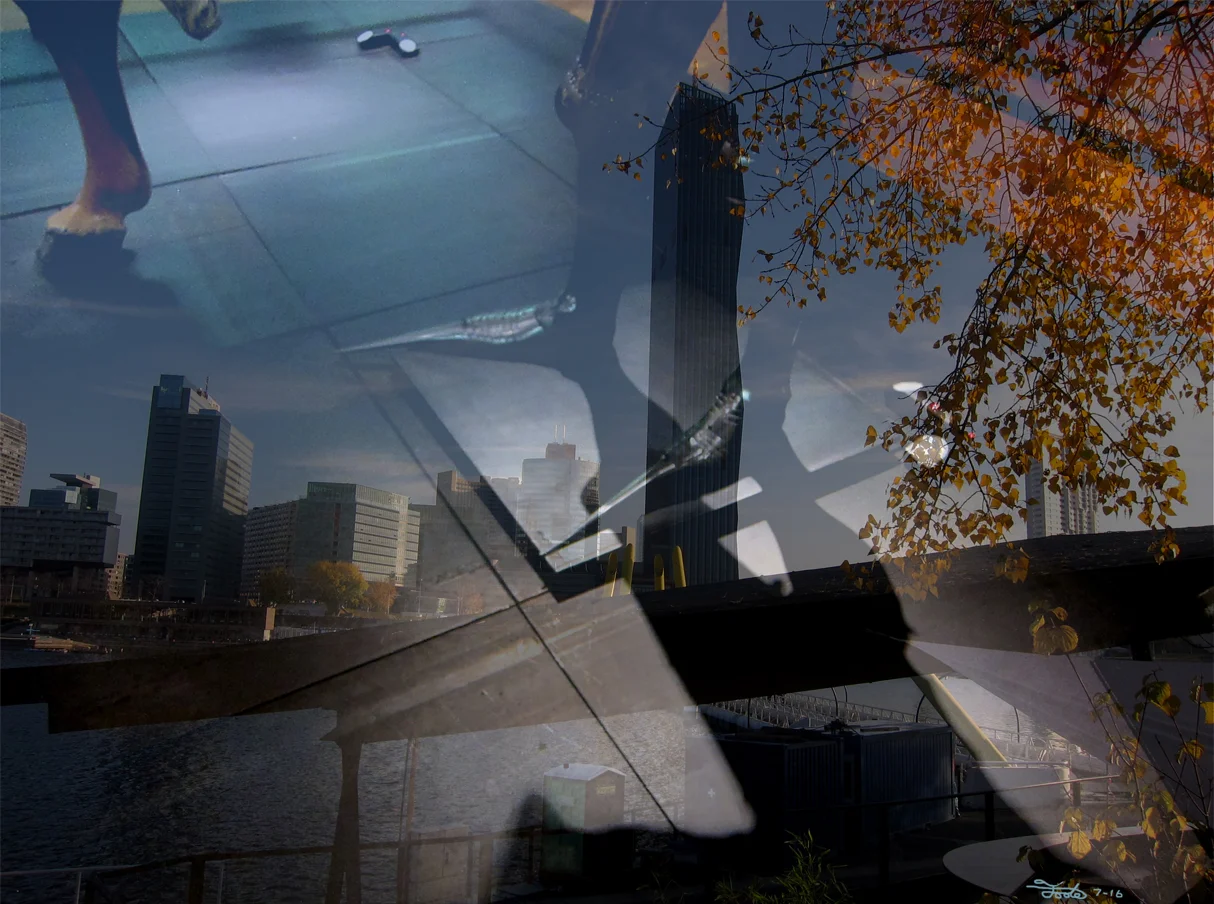 "Sabatons" - Photo Overlay. 2016. Vienna. "I combined the most modern part of Vienna, the Donau City, with a medieval knight's boots and a horse. Donau city is Vienna's 22nd district and hosts many high tech companies along with DC Tower I, the skyscraper featured near the center. This modernity is contrasted by the shadows of a medieval knight's pointy armored shoes, called sabatons. The knight's horse hooves are also visible while the tile floor adds contrast and flowing lines. To represent the natural aspect of modern Austria, fall leaves can be seen as this photo was taken from the island park of Danube Island."