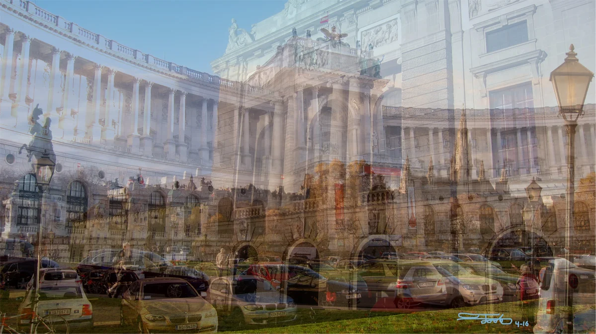 "The Parking Lot of Dreams." - Triple Photo Overlay. 2016. Vienna. "This is a rare triple overlay of a parking lot combined with three palaces."