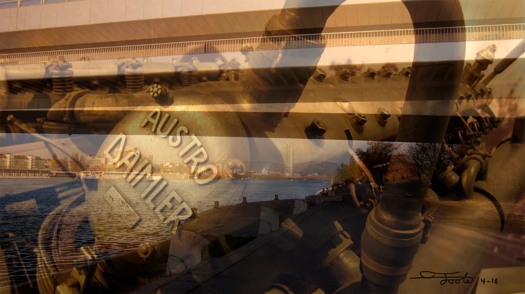 "Austro Daimler." - Photo Overlay. 2016. Vienna. "This is an overlay of a bridge crossing the Danube River combined with a World War I Austrian fighter plane engine. I like the contrast of nature, history and modern architecture in this one. The other photo was taken on the Donuinsel (Danube Island), which is the giant city park that stretches for miles."