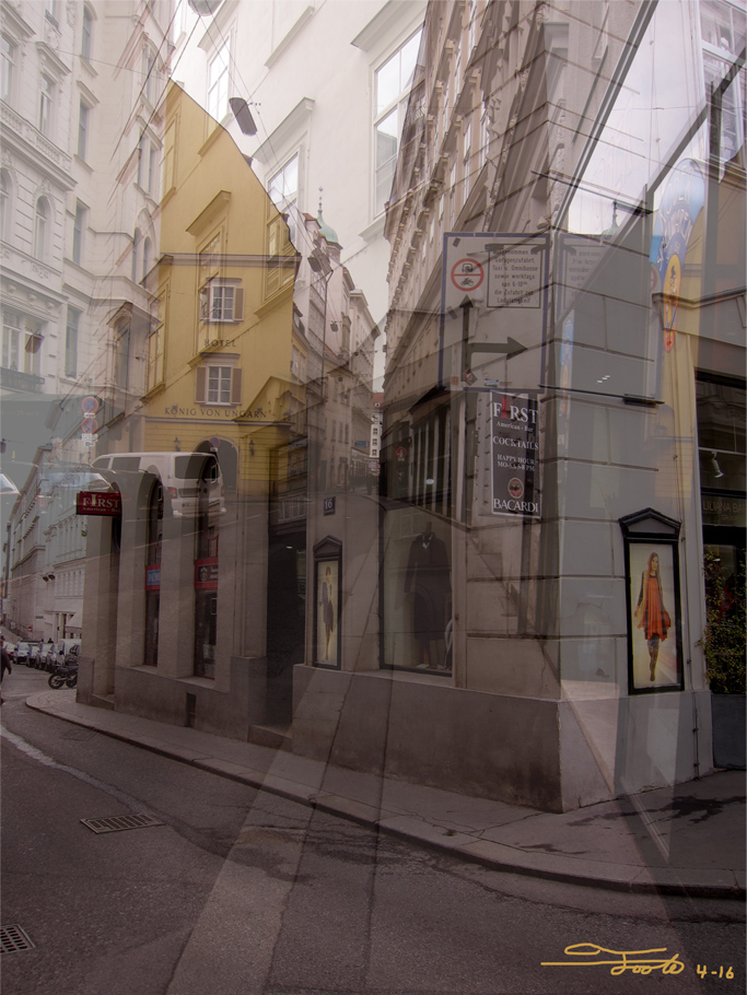 "Vienna Street." - Photo Overlay. 2016. Vienna. "Downtown Vienna has many twisting pathways and tiny streets lined with shops. They're not all as confusing as this one, an overlay taken during my first day in Vienna after very little sleep." 