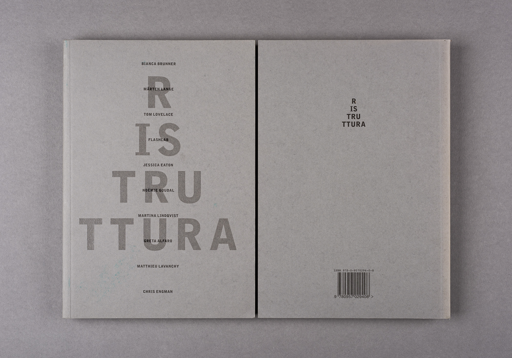 Ristruttura 2012 Catalogue Project B Gallery, Milan Curated by Lorenzo Durantini Artists: Bianca Brunner, Marten Lange, Tom Lovelace, Flashlab, Jessica Eaton, Noemie Goudal, Martina Lindqvist, Greta Alfaro, Matthieu Lavanchy, Chris Engman. ISBN: 978-0-9570294-0-8