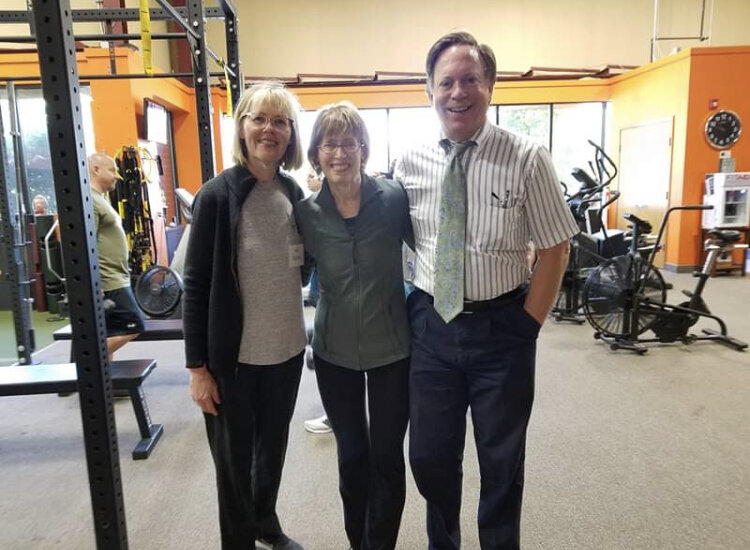   Pam with InMotion Founder, Vice President and PwP, Karen Jaffe (left), and InMotion head neurologist Dr. David Riley (right)  