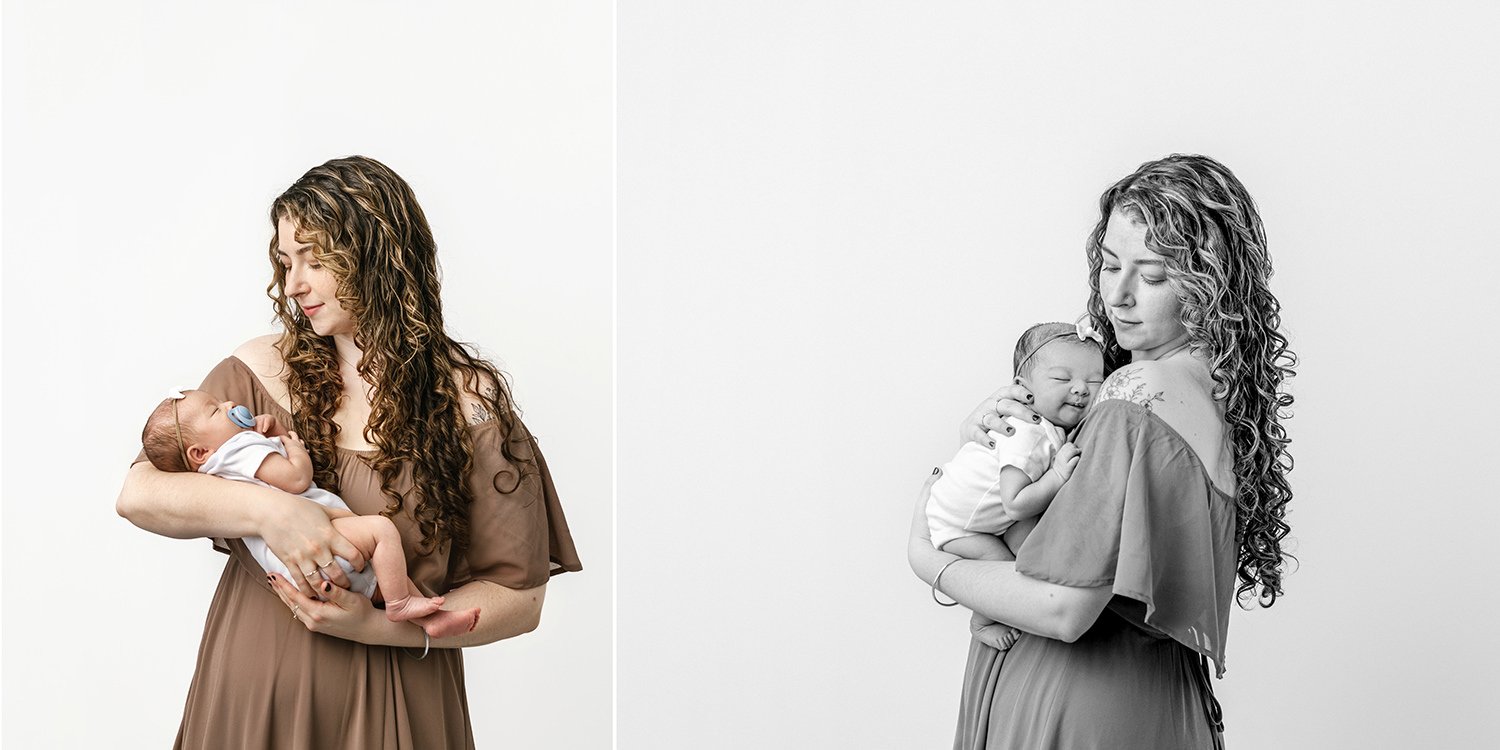  Mom in an off the shoulder gown snuggles her newborn daughter in a chic photography studio in New Jersey #studioportraits #newborn #maplewoodNJ #nicolehawkinsphotography #newjerseyphotographer  #portraitphotography #heirloomphotography 