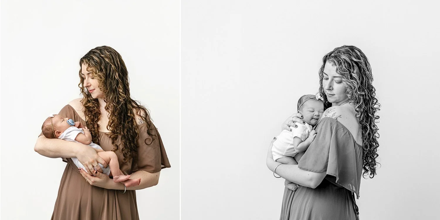  Mom in an off the shoulder gown snuggles her newborn daughter in a chic photography studio in New Jersey #studioportraits #newborn #maplewoodNJ #nicolehawkinsphotography #newjerseyphotographer  #portraitphotography #heirloomphotography 