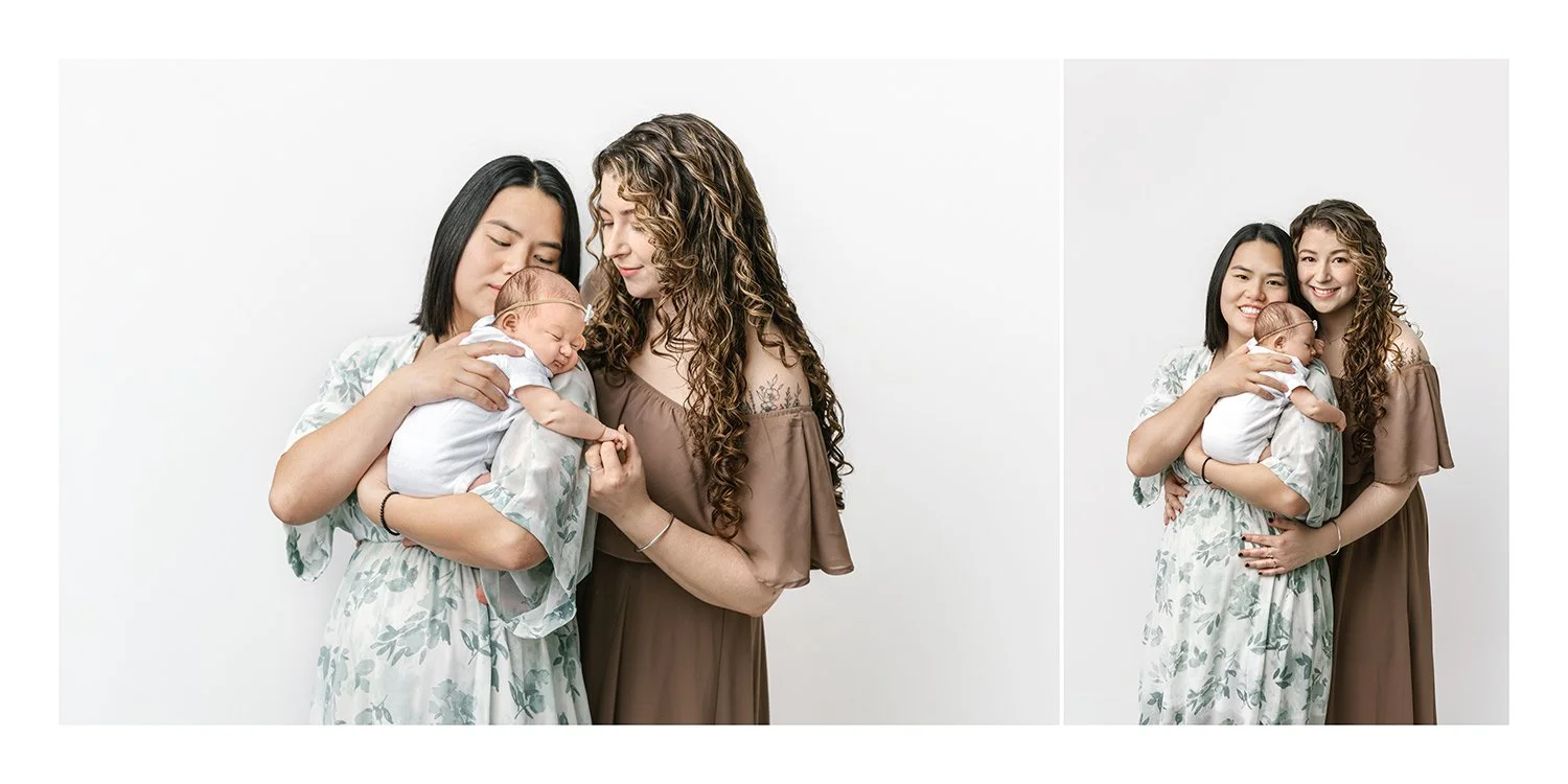  New moms snuggle their daughter during their family studio session. newborn photo album studio session Nicole Hawkins #studioportraits #newborn #maplewoodNJ #nicolehawkinsphotography #newjerseyphotographer  #portraitphotography #heirloomphotography 