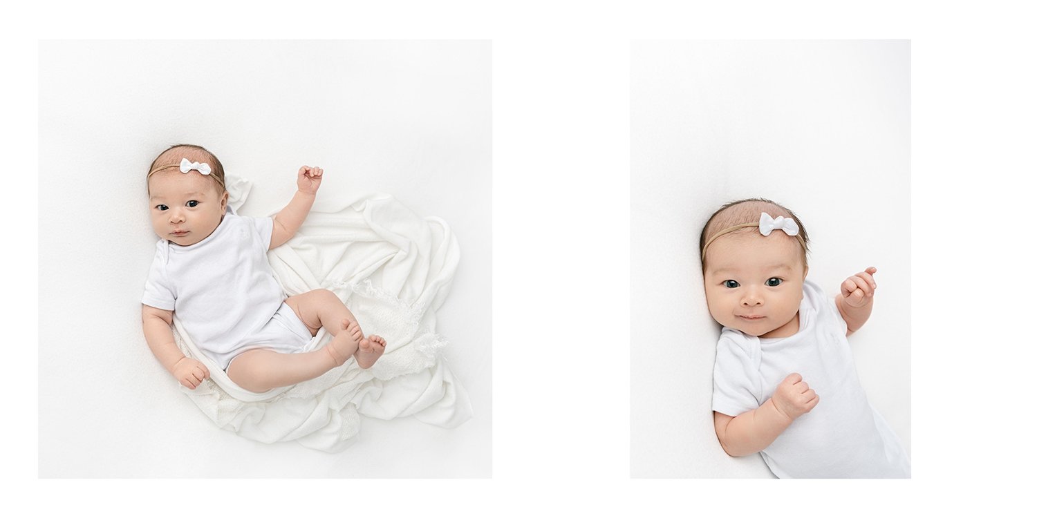  Baby girl portraits on a white blanket during an all white studio session in New Jersey with Nicole Hawkins Photography #studioportraits #newborn #maplewoodNJ #nicolehawkinsphotography #newjerseyphotographer  #portraitphotography #heirloomphotograph