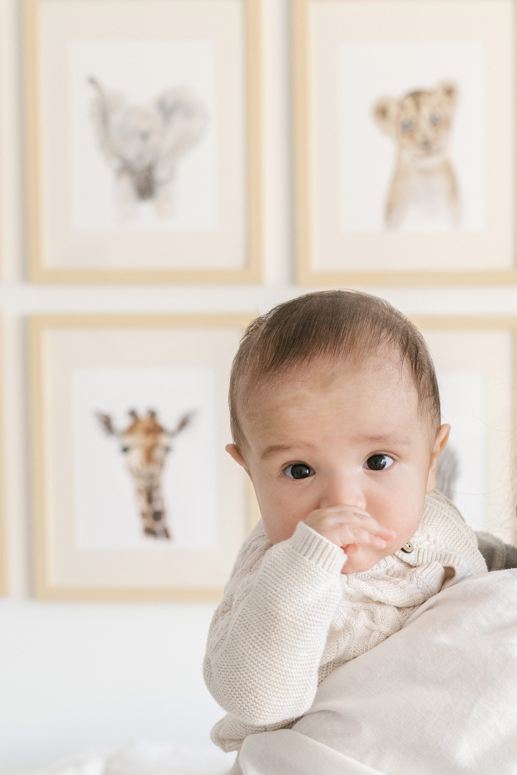  Newborn baby sucking his fingers in his zoo-themed nursery by Nicole Hawkins Photography. zoo nursery ideas #NicoleHawkinsPhotography #InHomeNewborns #NurseryNewborns #NYCbabyphotography #babyportraits #ZooNursery #familyportraits 