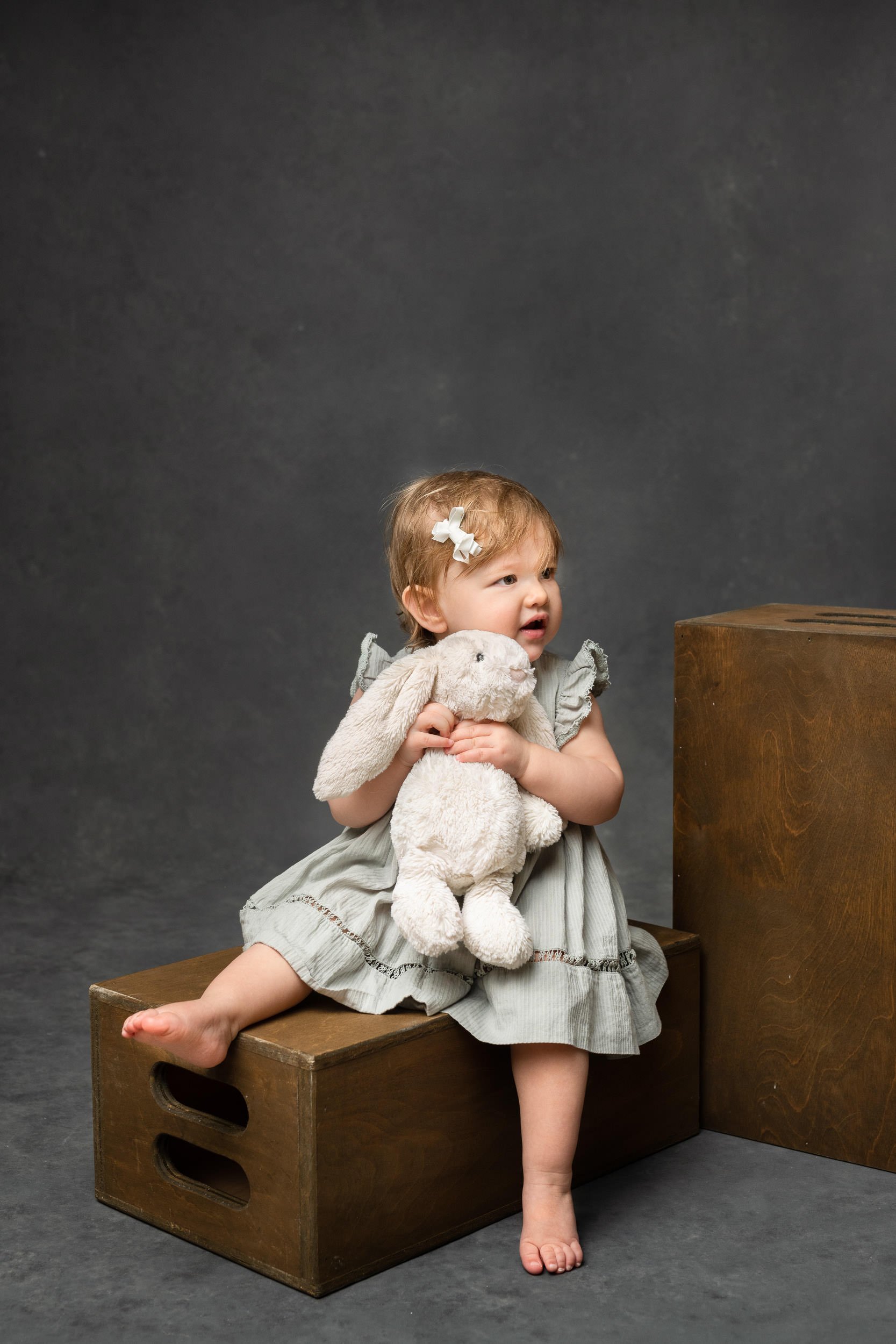  Portrait of a little girl holding a stuffed bunny sitting on a wooden crate captured by Nicole Hawkins Photography. baby bunny #NicoleHawkinsPhotography #NicoleHawkinsBabies #studiochildren #firstbirthday #studiophotography #girlsbirthdayportraits 