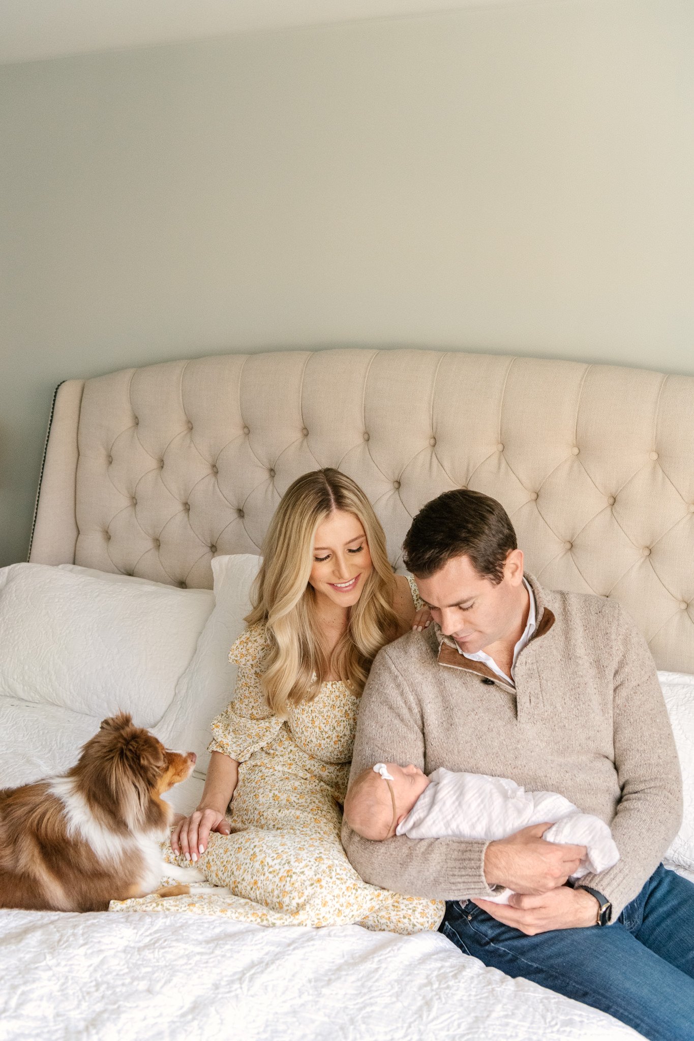  Portrait of a new family with a baby and dog sitting on the bed together by Nicole Hawkins Photography. family on bed #NicoleHawkinsPhotography #NicoleHawkinsNewborns #InHomeNewborns #NewJerseyNewborns #NewYorkNewborns #babygirlnewborns 