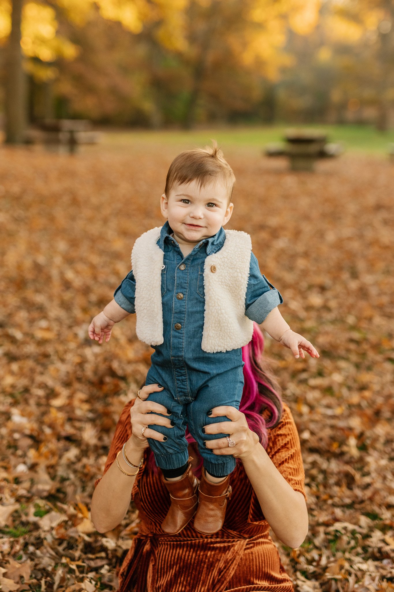  Baby wearing a denim suit and fuzzy vest for fall family photos by Nicole Hawkins Photography. toddler portraits NJ family #NicoleHawkinsPhotography #NicoleHawkinsFamily #fallfamilyphotos #fallphotos #familyphotographerNJ #NJfallfamilypics 