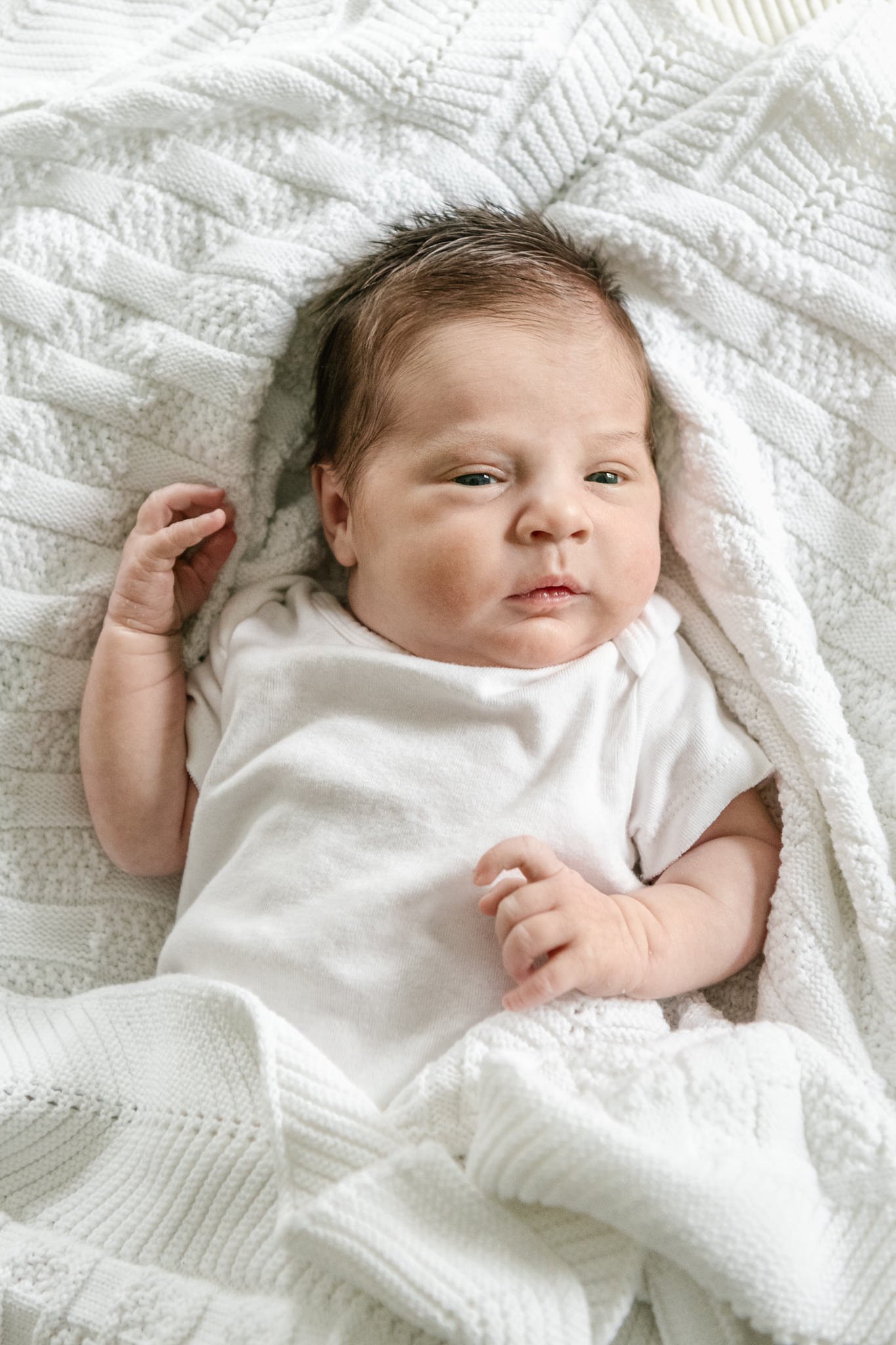 New Jersey newborn photographer captures a baby girl in her new home with her eyes open, Nicole Hawkins photography. eyes open chunky girl #NicoleHawkinsPhotography #NicoleHawkinsNewborns #MontclairNewbornPhotographer #InHomeNewborns #NJNewborns #Ba