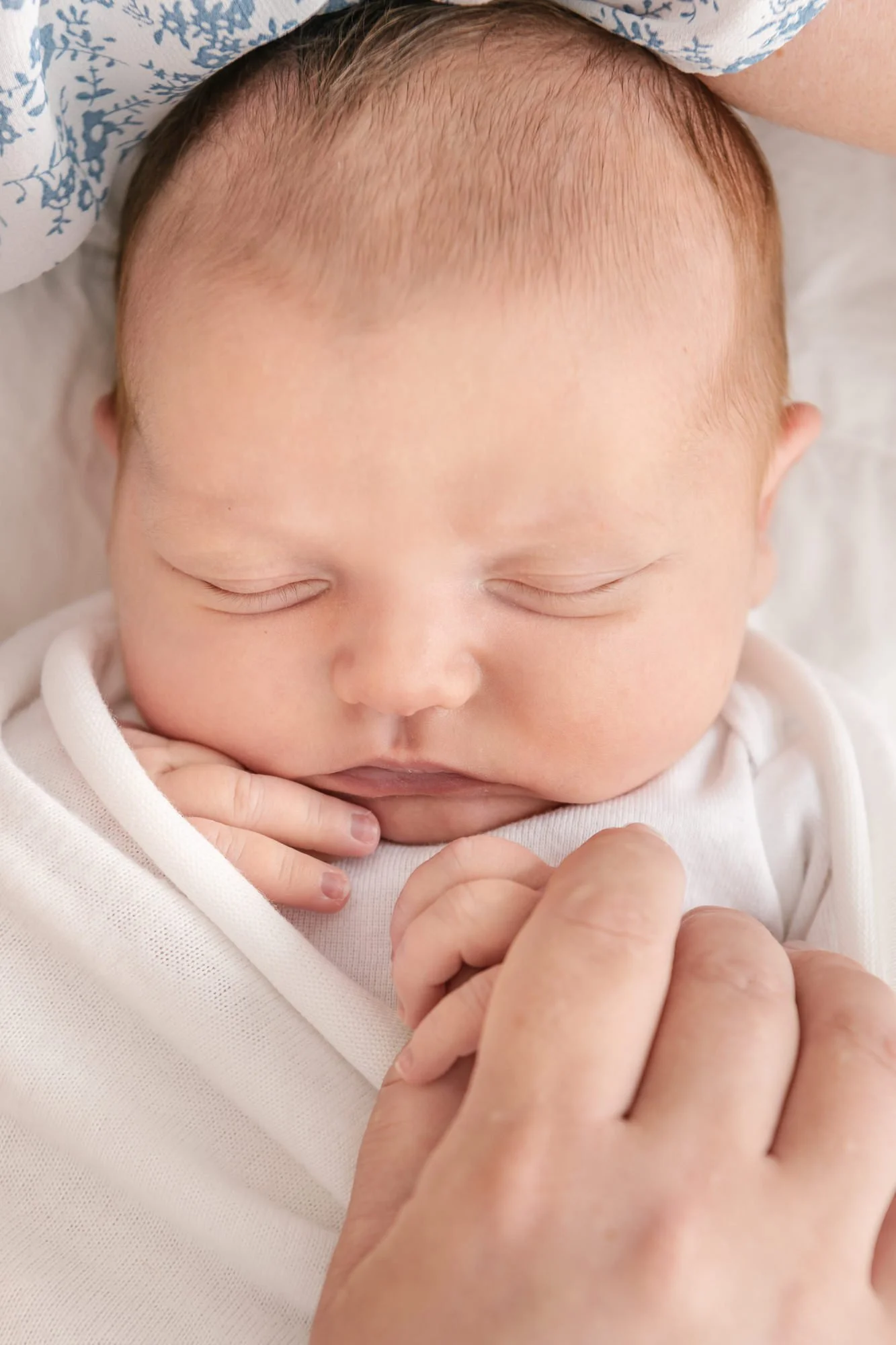    Squishy newborn baby closeup face shot. Baby holds hands with a parent as they sleep swaddled for indoor photo session captured by Nicole Hawkins Photography in New Jersey. #newbornportraits #newbornstudioshoots #NewJerseyPhotographers #NJfamilyph