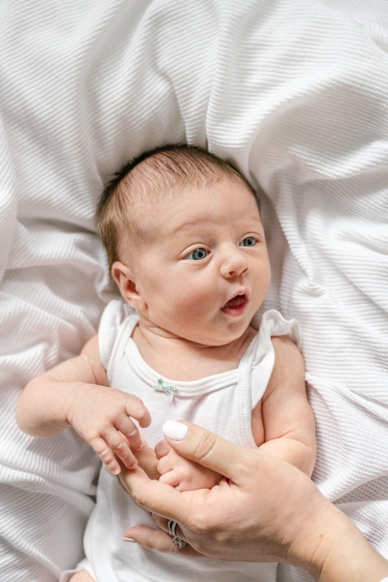  Mom holds new baby’s hands while she rests on a darling blanket. Nicole Hawkins Photography, a North Central New Jersey Newborn Photographer, captures timeless pictures that will help you remember the fleeting newborn days.&nbsp; #centralNewJerseyph