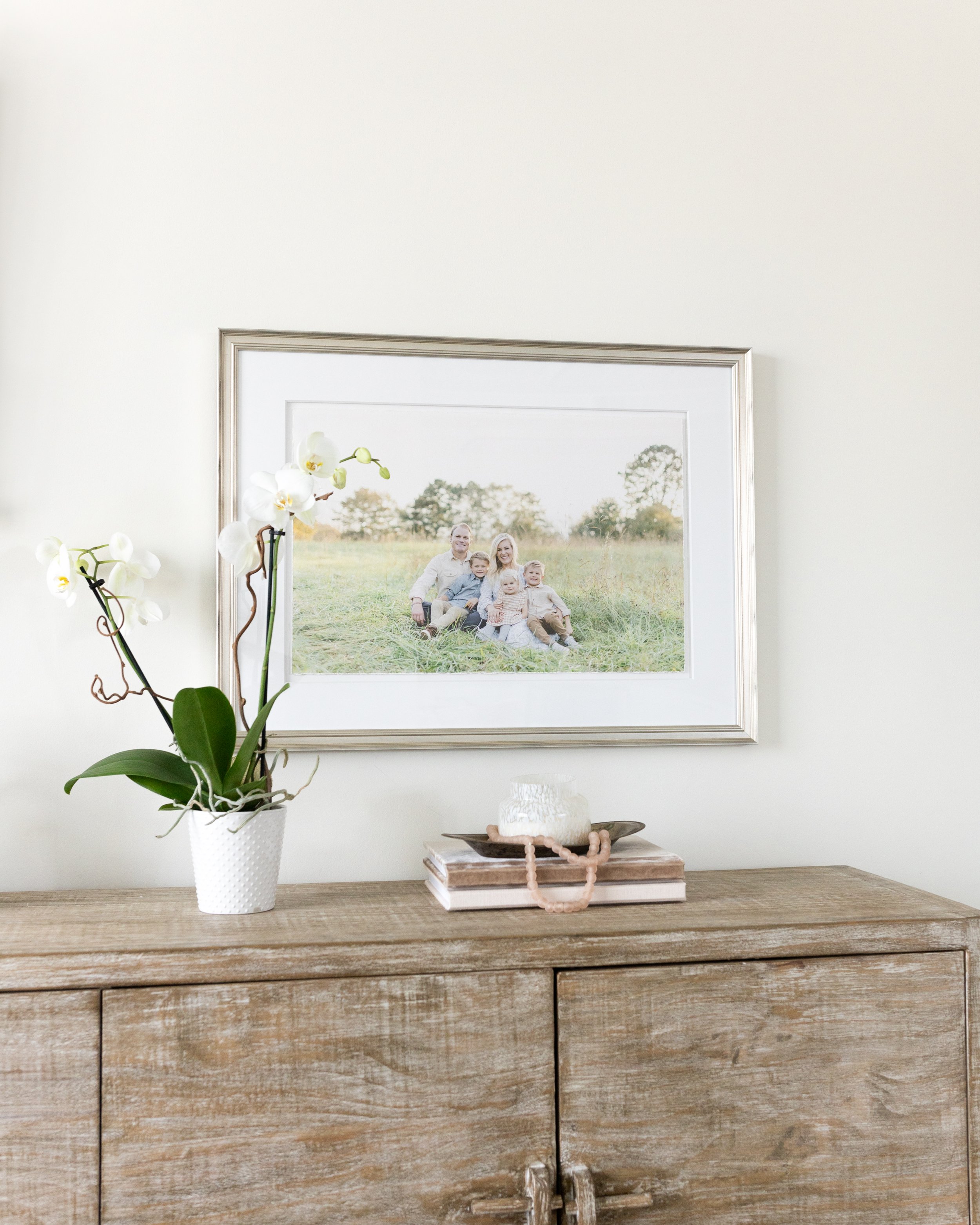   Framed and matted family photo of a family sitting in a field, framed with a classic silver frame and white mat, hung above a console table. #EssexCountyFamilyPhotographer #BergenCountyFamilyPhotographer #NorthernNewJerseyFamilyPhotographer #Manhat