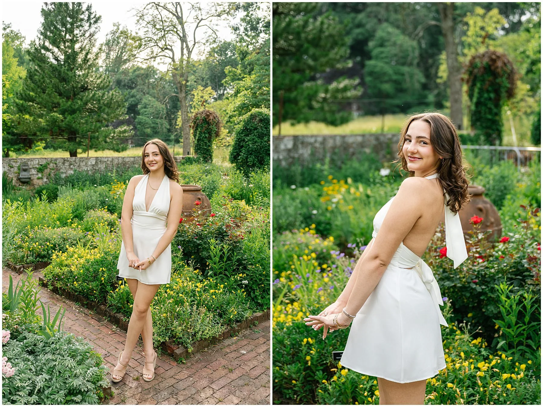 Senior portraits among the flowers and garden paths at Cross Estate Gardens