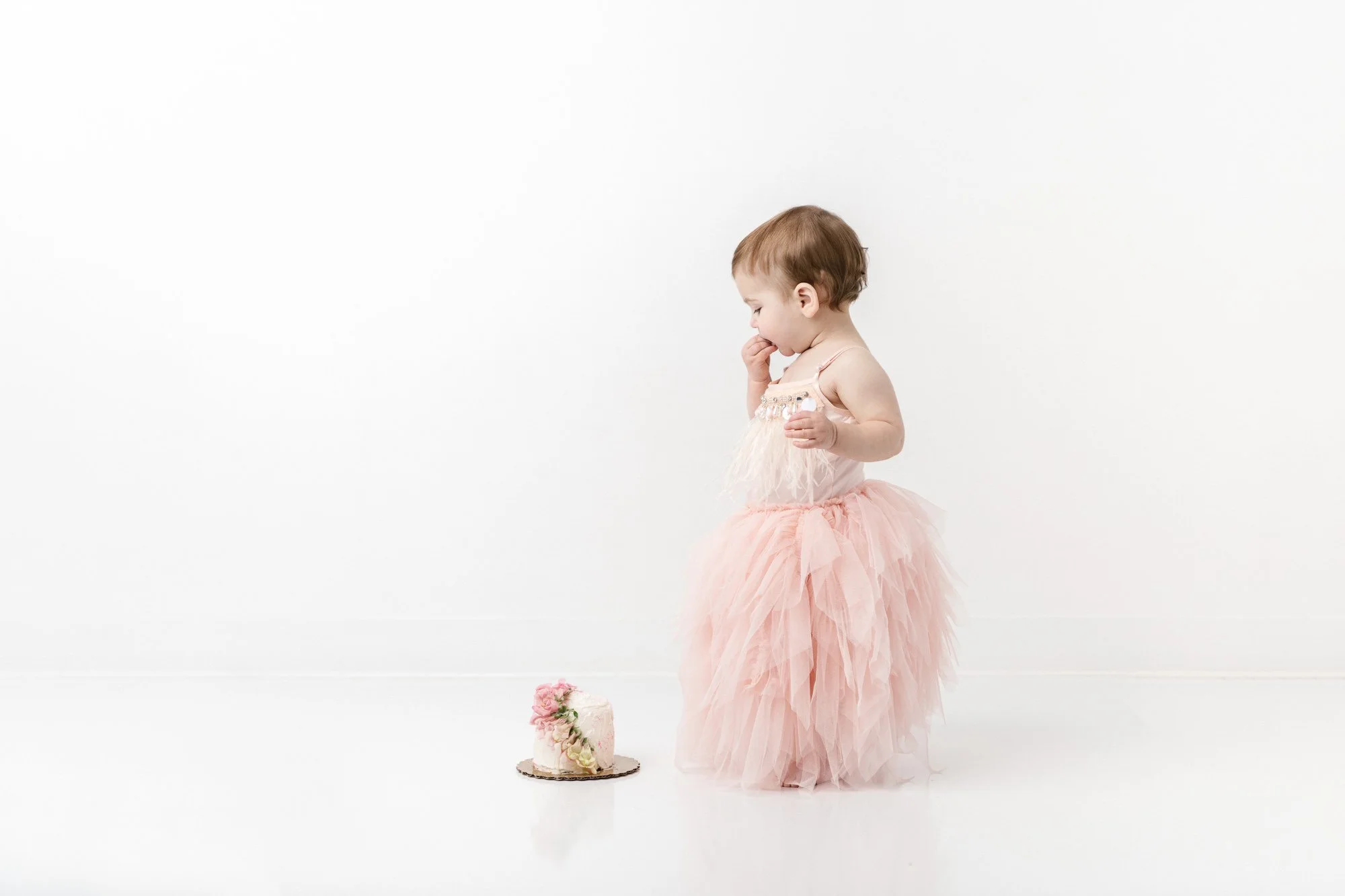 one year old baby in pink dress with gorgeous floral smash cake