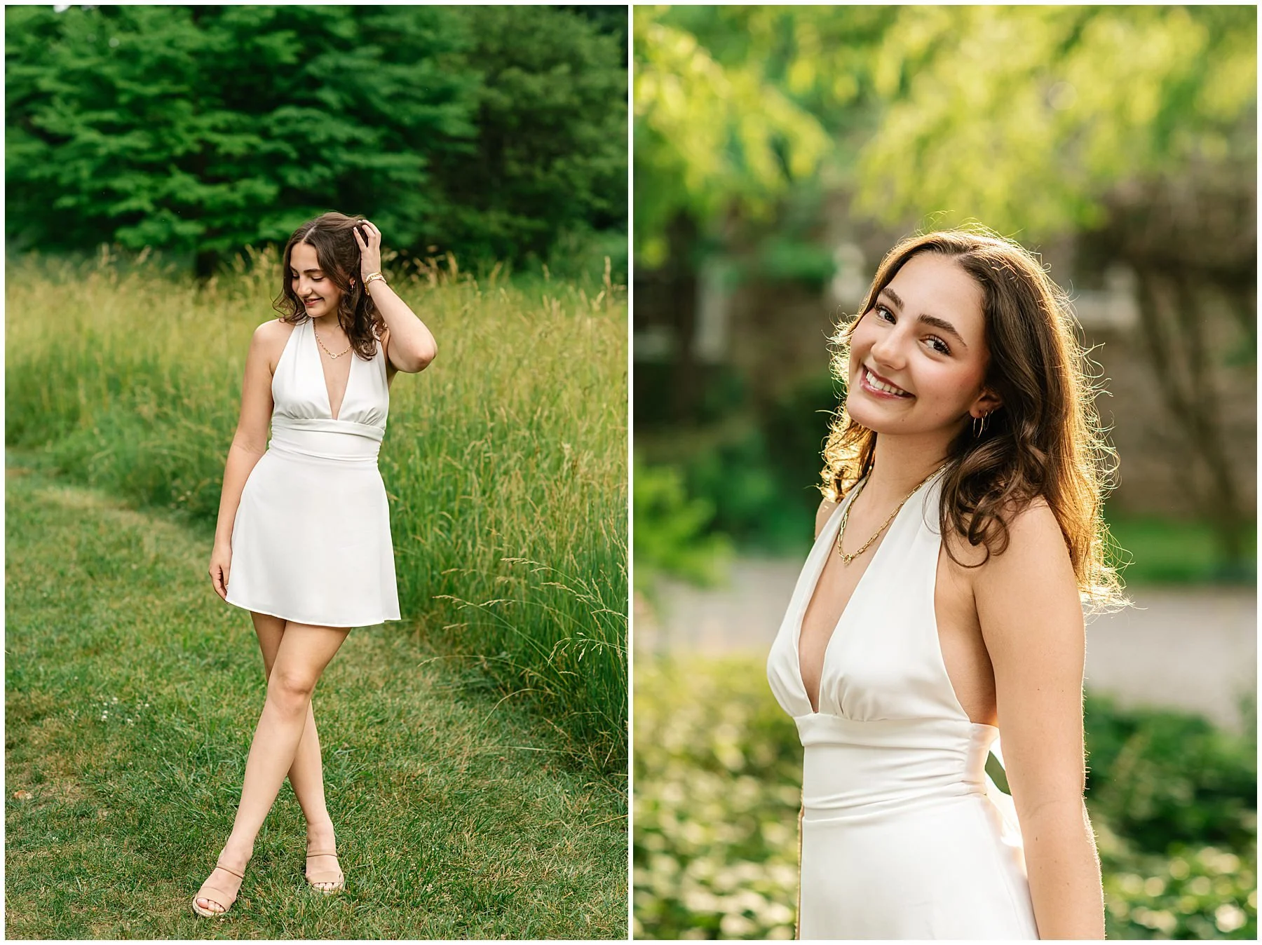 Outdoor senior portraits in tall grass and golden evening light at Cross Estate Gardens