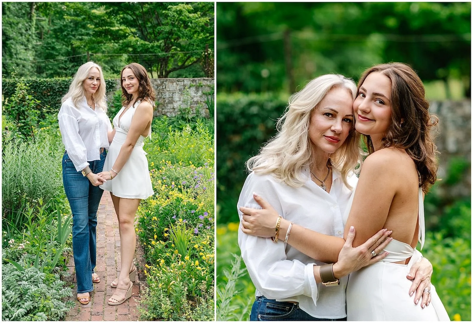 Senior girl in white dress with her mom wearing white button down shirt and jeans during a senior portrait session at Cross Estate Gardens