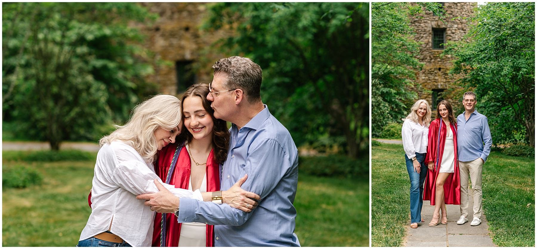 Senior with her parents in graduation portraits at Cross Estate Gardens in New Jersey