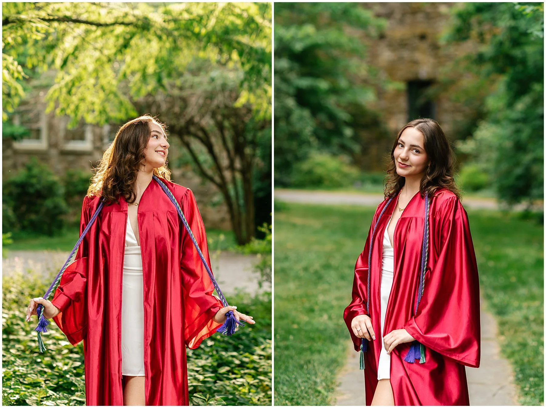 Graduation portraits in a red gown and CHS honors chords at Cross Estate Gardens