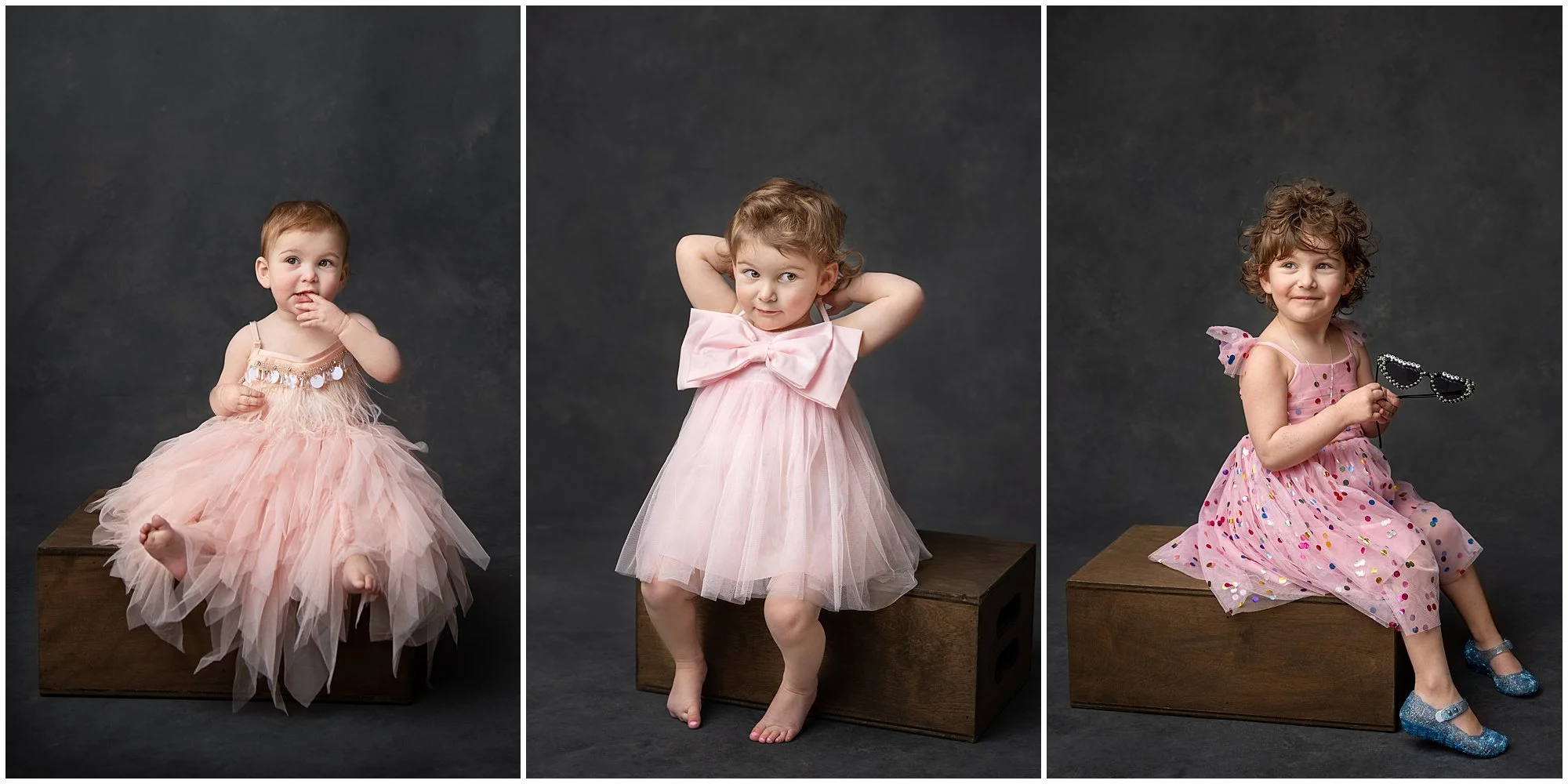 College of Toddler girl birthday portraits in pink dress in Maplewood NJ studio