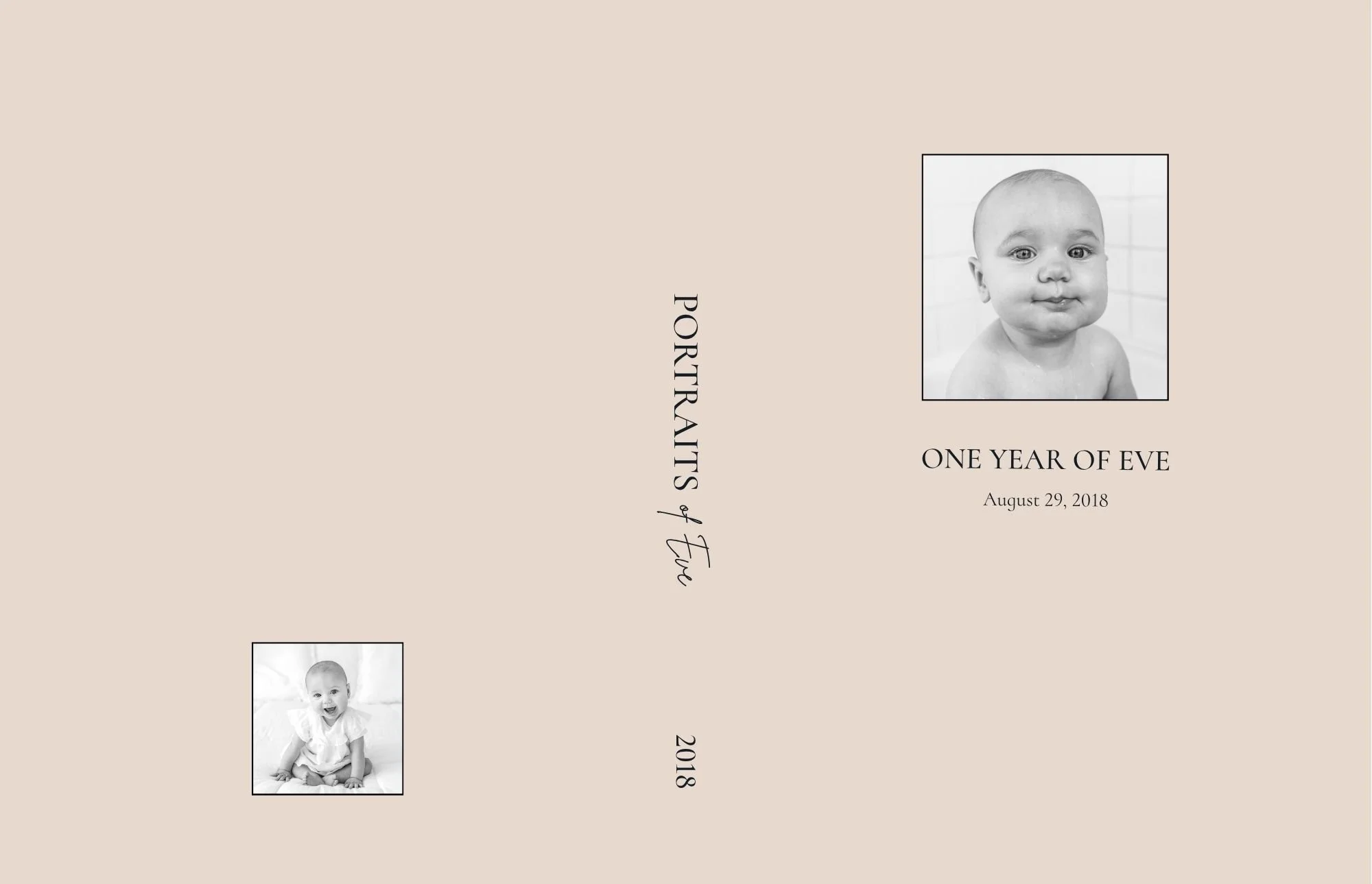 Peach colored custom photo album design with the back, center spine, and cover shown. Minimalist black text and small, square, black and white baby portraits on the front and back cover.