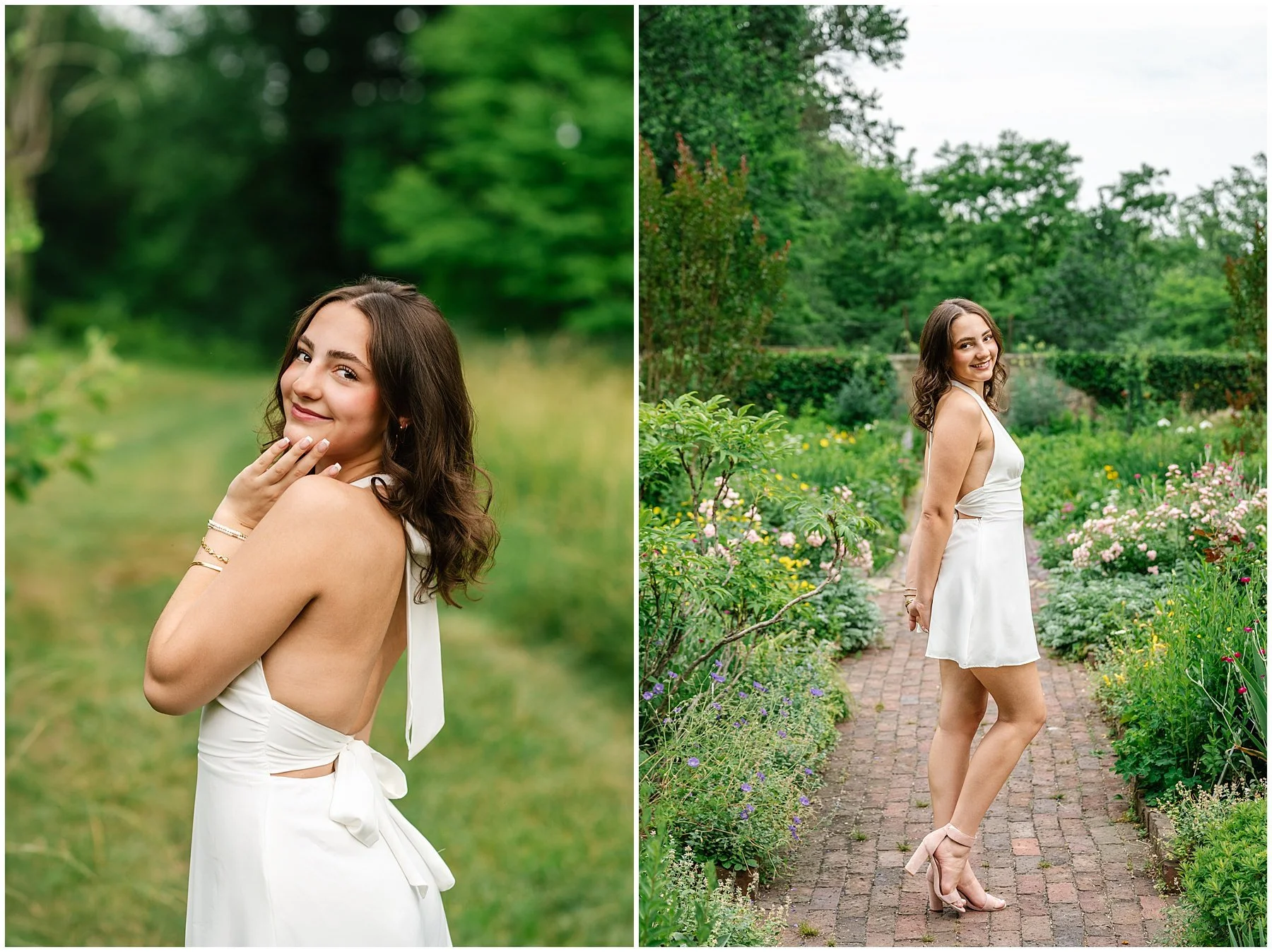 Senior portraits in a white dress at Cross Estate Gardens in Bernardsville, NJ