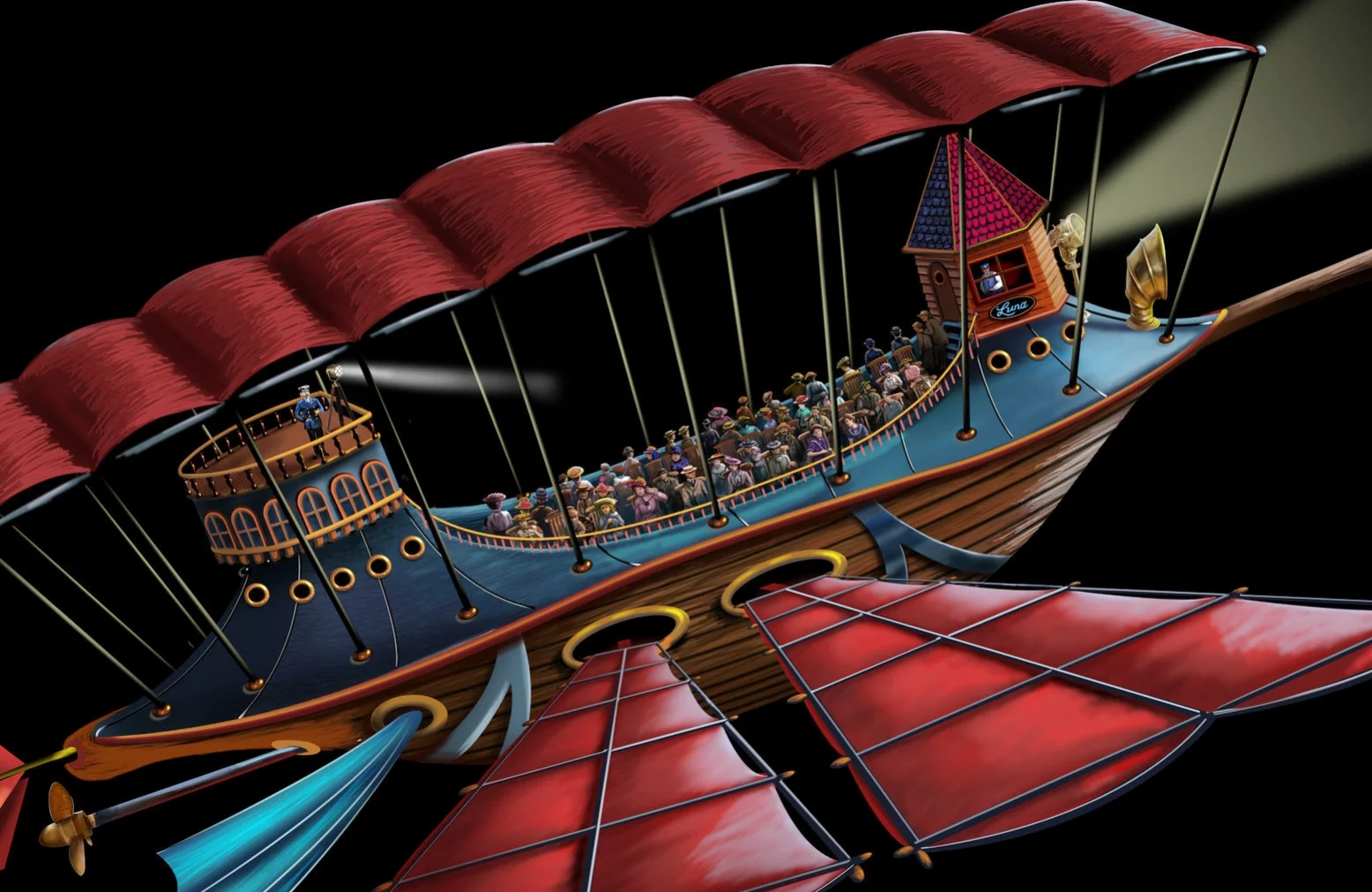 An illustration I made in imagining what the airship might have looked like with Moon Travelers inside