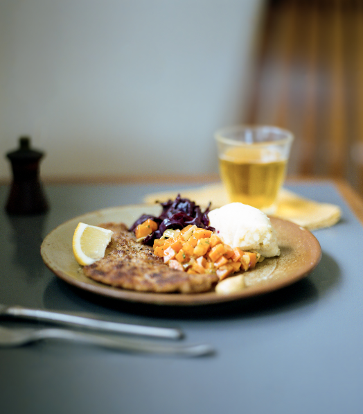 Schnitzel is a German favourite of mine but for a long time after moving to England I was very set on not being German. When I went walking through town with my mum, I’d always try and stop her talking so noisily. She’d let the cat out of the bag of course and people would know we were foreign. People used to ask me if I knew Hitler. We’d then have to explain why we were good Germans. We really weren’t welcome anywhere. In Germany we were persecuted by the nazis. They speared my pet dog on the railings of my father’s factory and all our artworks by expressionist painter friends of my parents. 